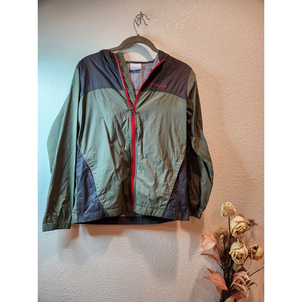 Columbia Youth Medium 10/12 Hooded Windbreaker Jacket Olive Gray Red Zip